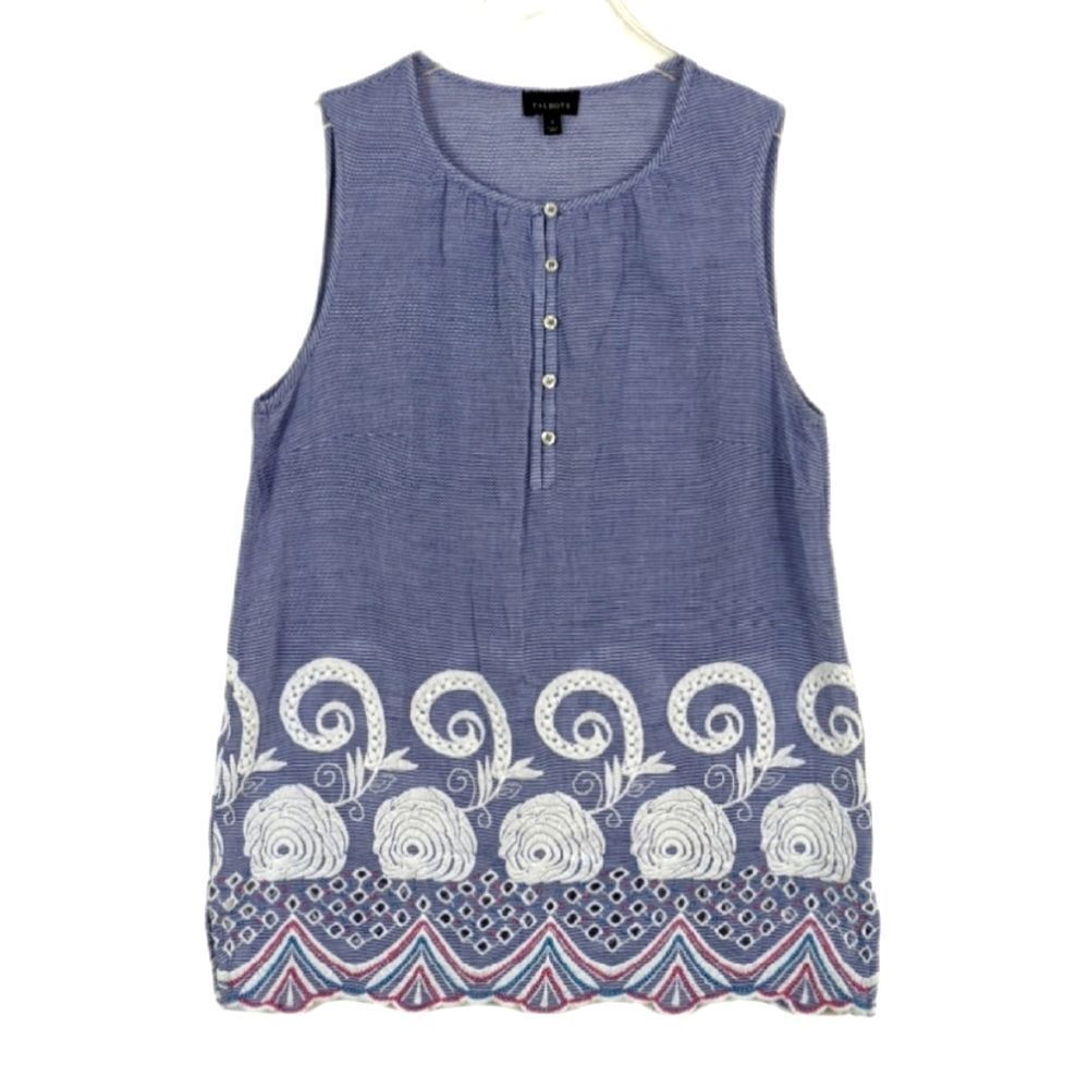 Talbots Embroidered Sleeveless Chambray Top Women's Small Blue